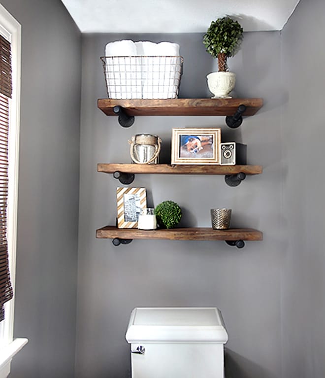 wood shelves in bathroom