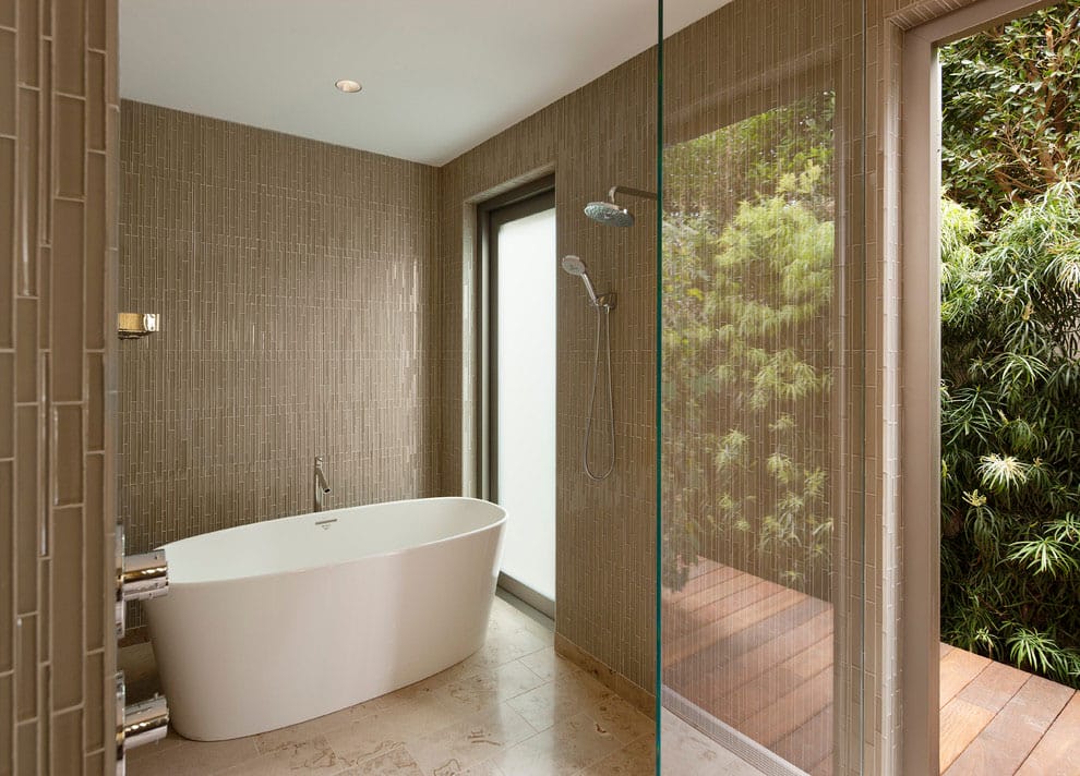 Bamboo Bathroom Ideas with Brown Tiles