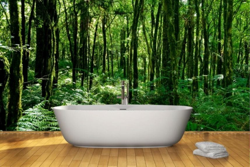 Bamboo Bathroom Ideas with Rainforest Wallpaper