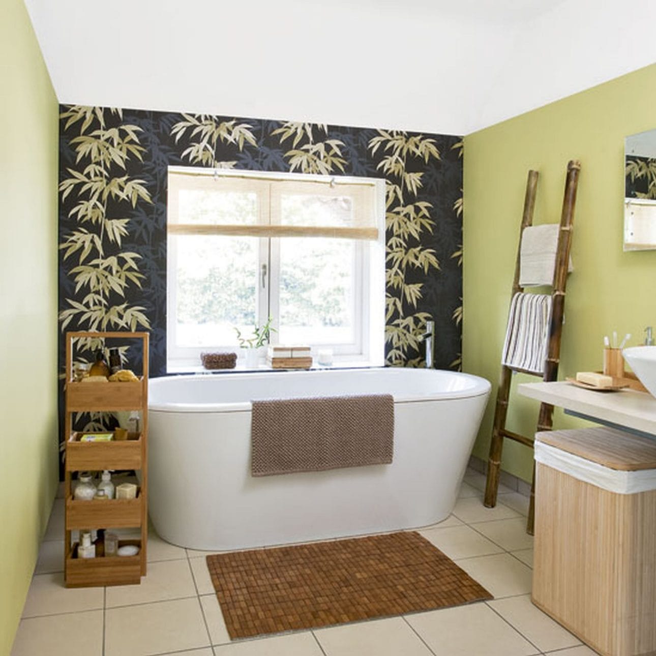Bamboo Themed Bathroom with Freestanding Bathtub