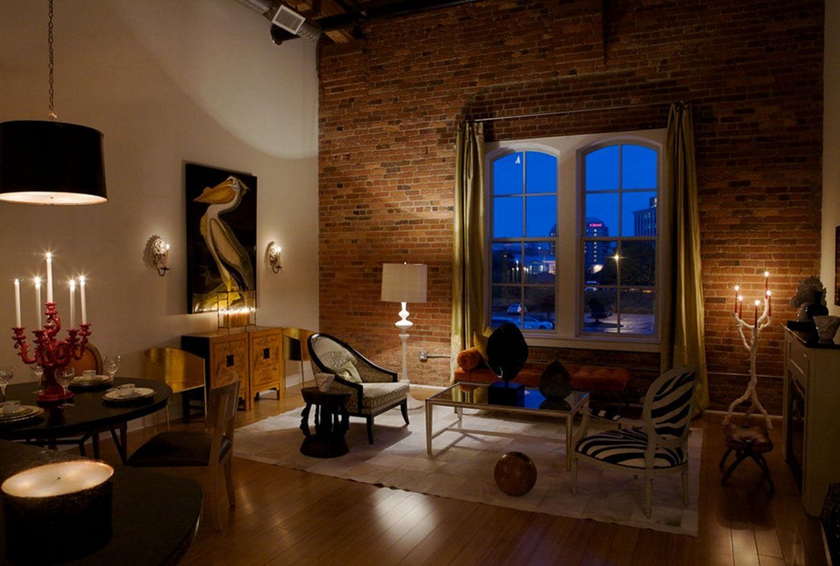Brick-Wall-Living-Room-Ideas-12 Gold Living Room Ideas with Eclectic Lamp