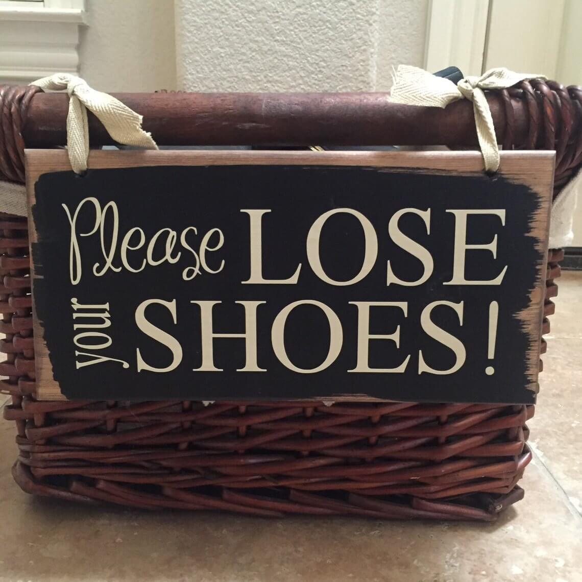 Dark Shoe Basket with Sign