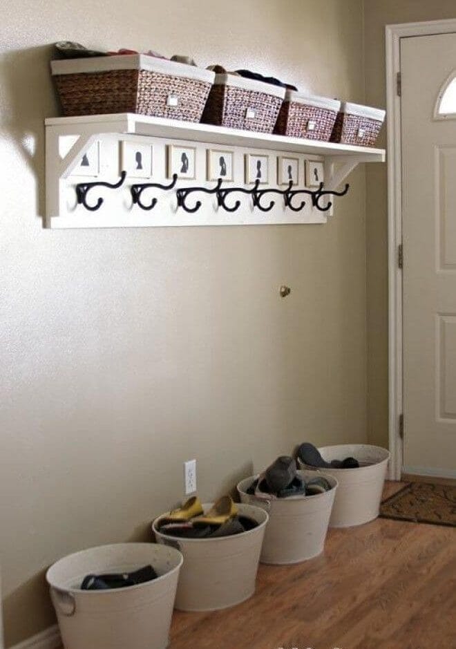 Entryway Shoe Storage Ideas with Galvanized Buckets