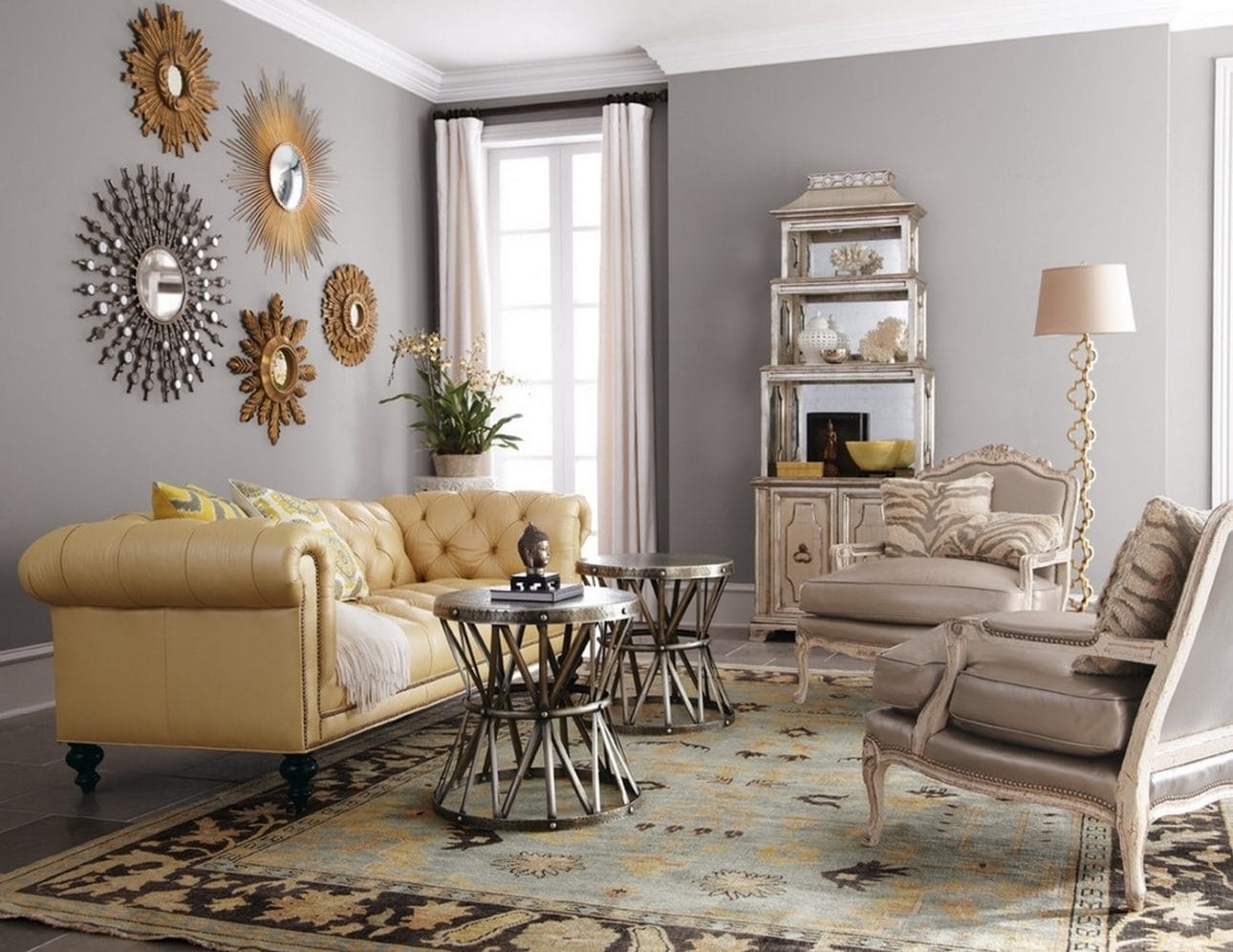 Gold Living Room Ideas with Sunburst Mirrors