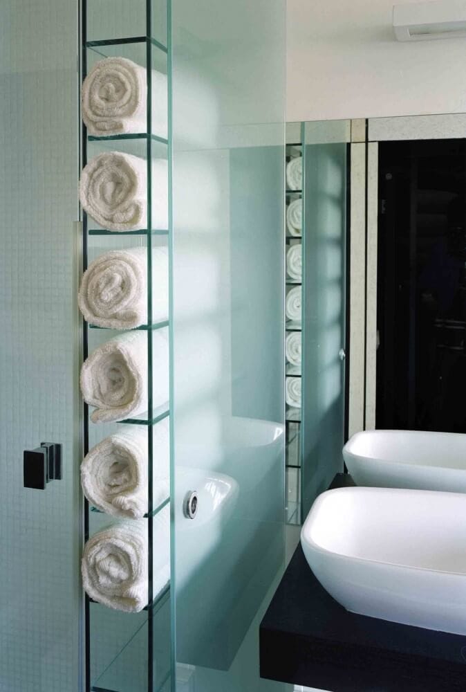 narrow bathroom towel storage