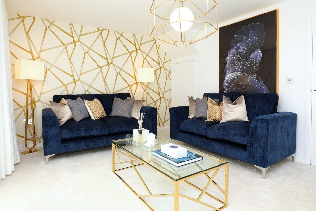 White and Navy Living Room with Gold Accents