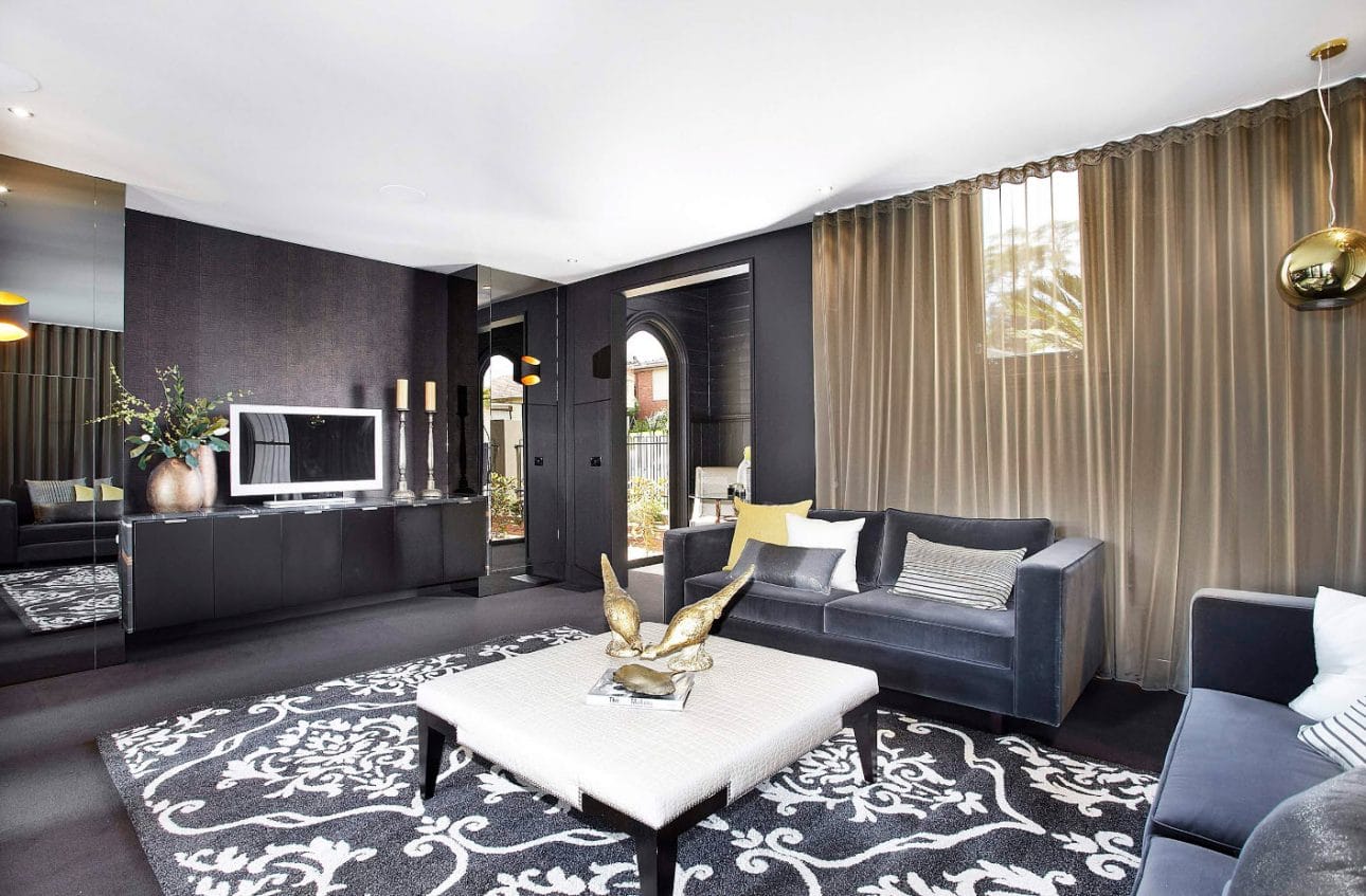 Black Living Room with Gold Details