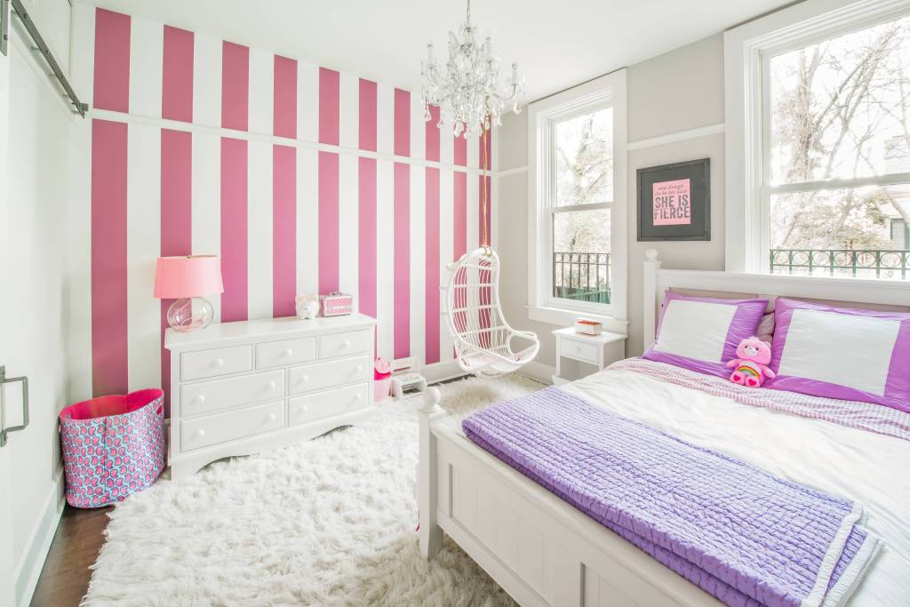 grey and pink striped walls