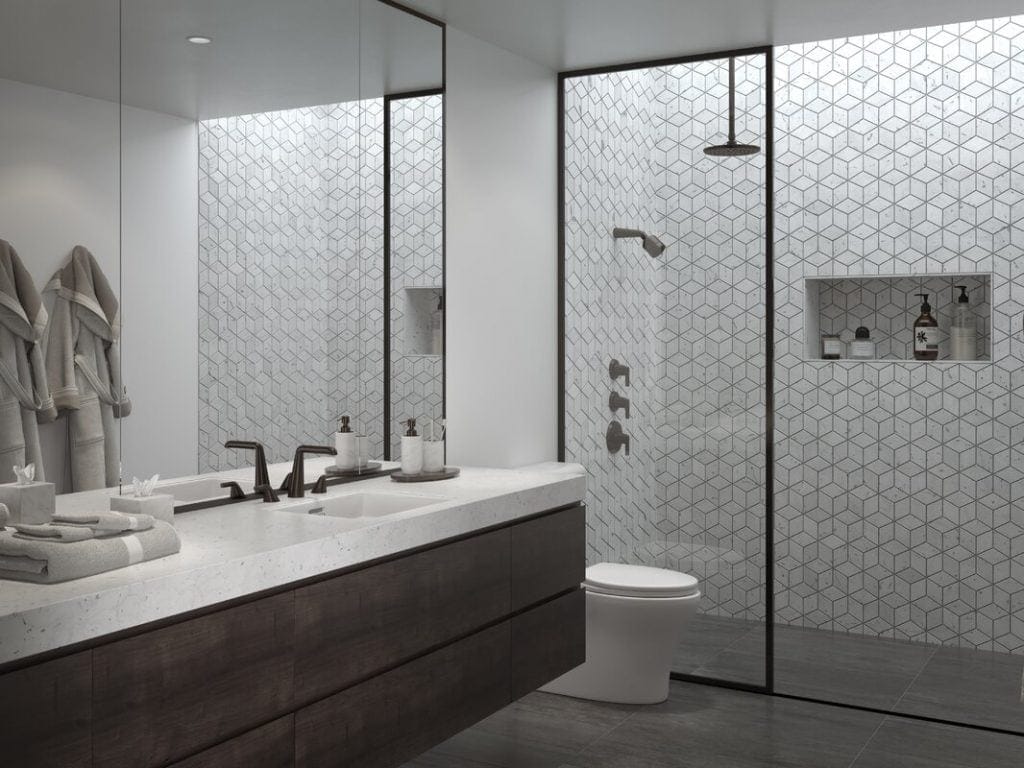 mid century bathroom double vanity