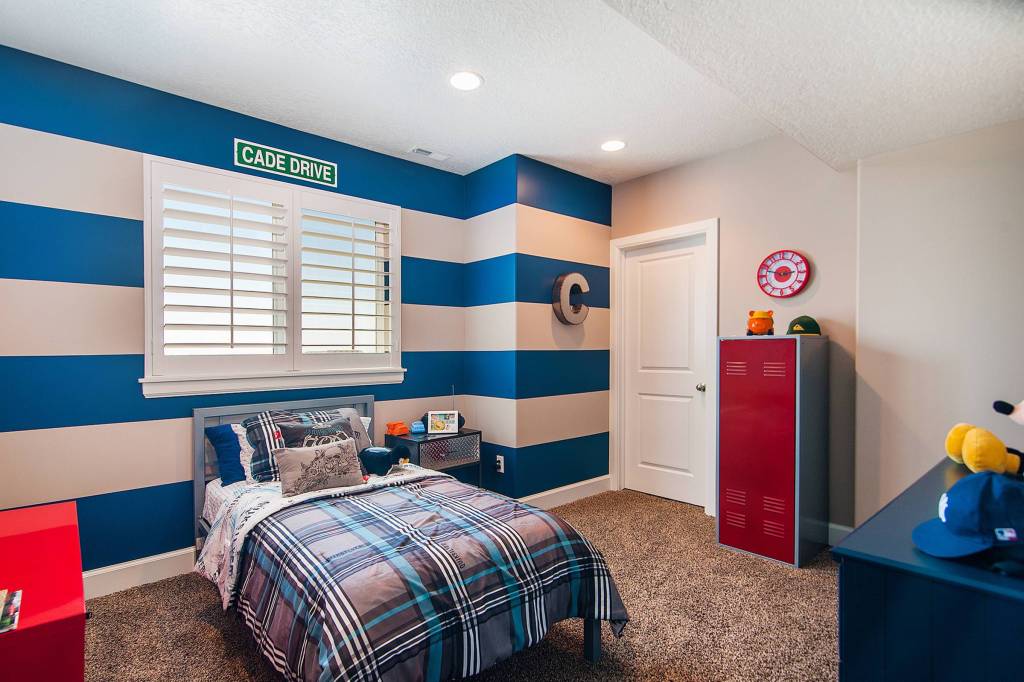 gray and blue striped walls