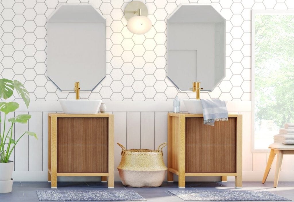 mid century blue bathroom